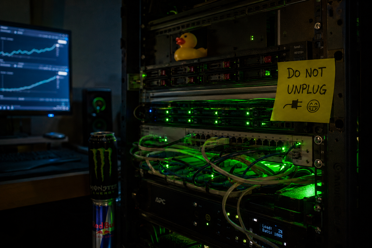 Cluttered home-server rack glowing with neon-green LEDs, ethernet cables, a rubber duck on top, and a handwritten 'do not unplug' sticky note, powering the bots behind the scenes