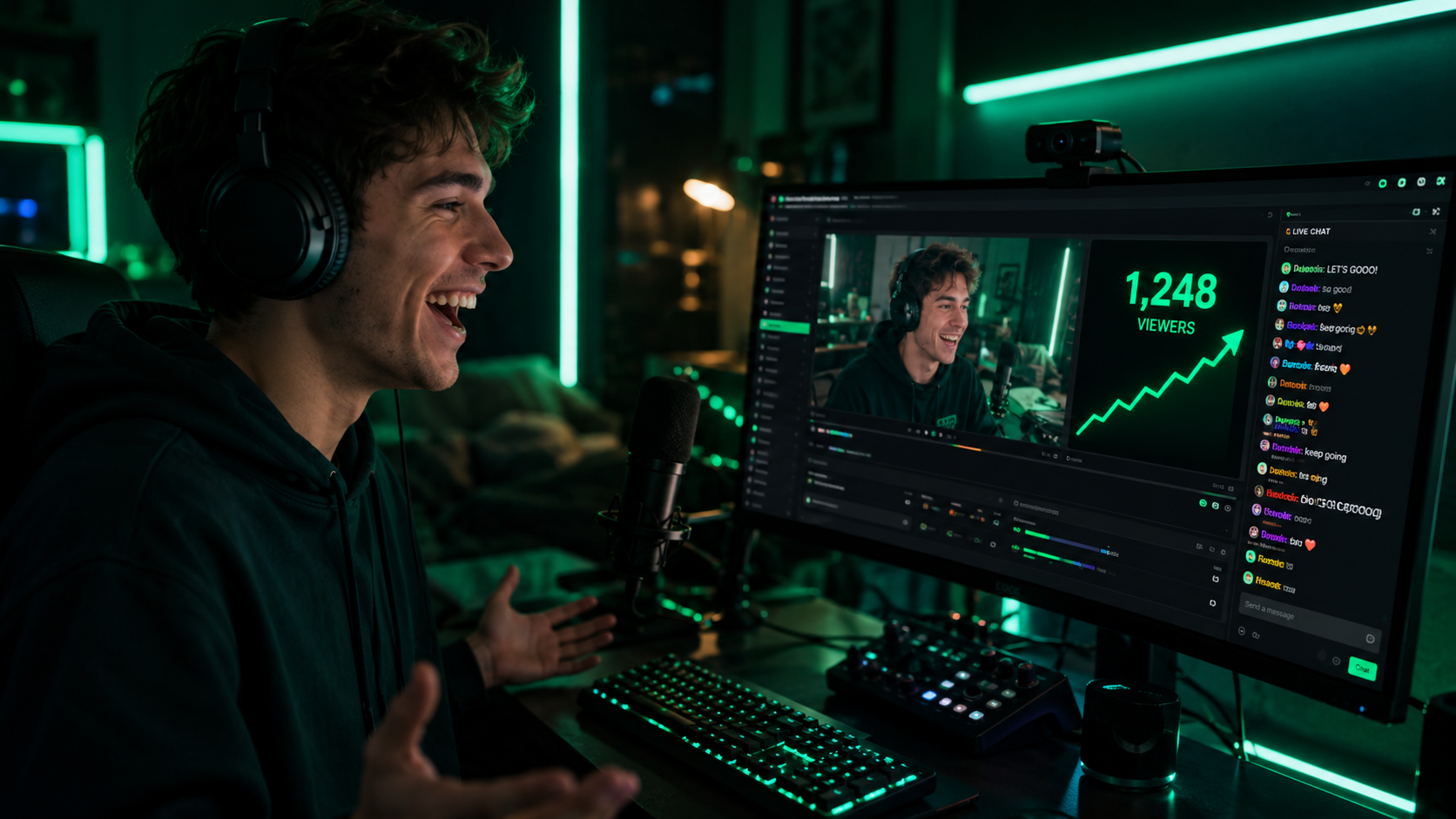 Streamer reacting live on camera while their Kick stream overlay shows a rapidly climbing viewer count
